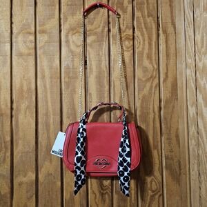 NWT Love Moschino Red Crossbody Handbag Scarf Detail Saffiano PU Gold Chain